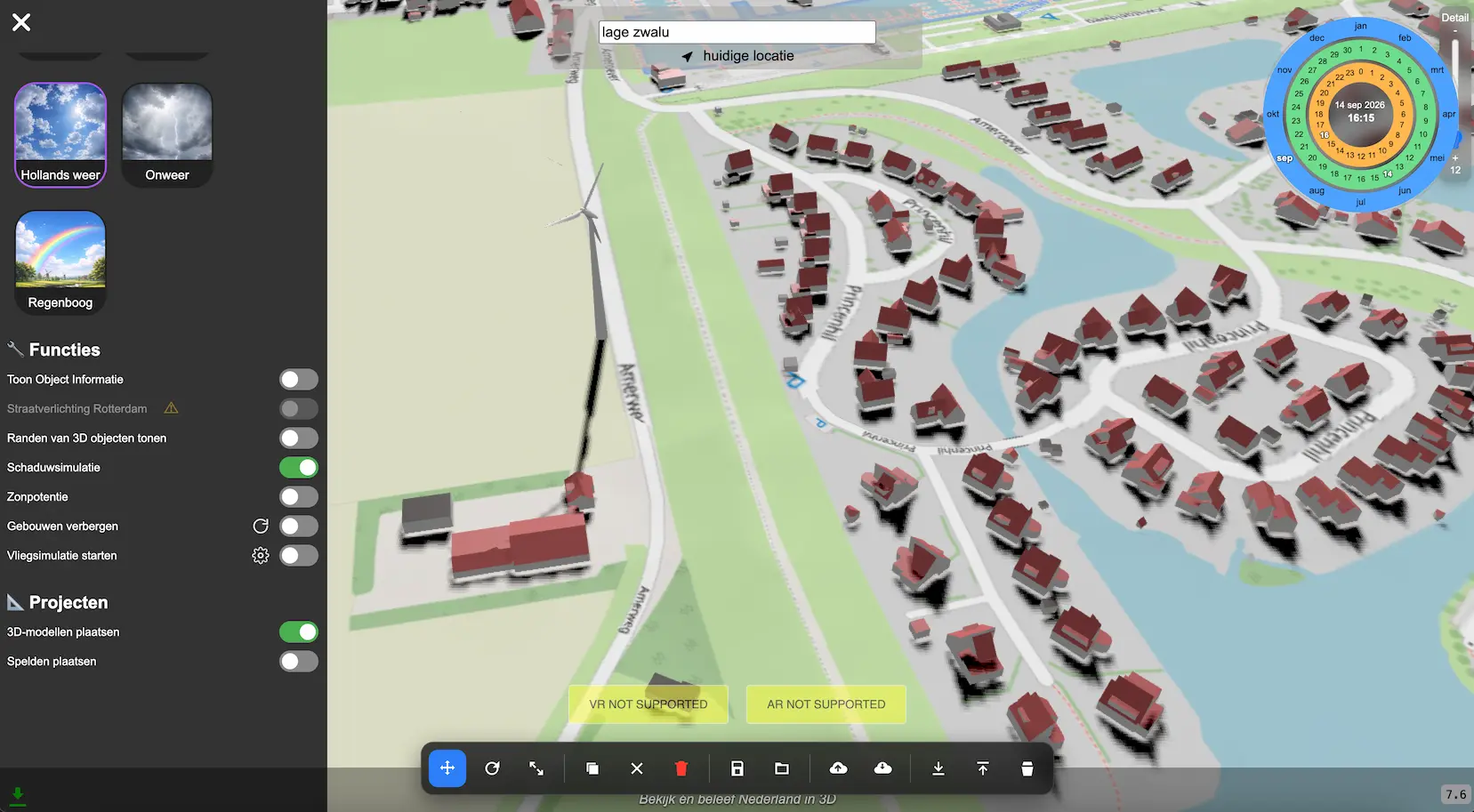 Schaduwsimulatie van gebouwen en woningen in 3DCityTour