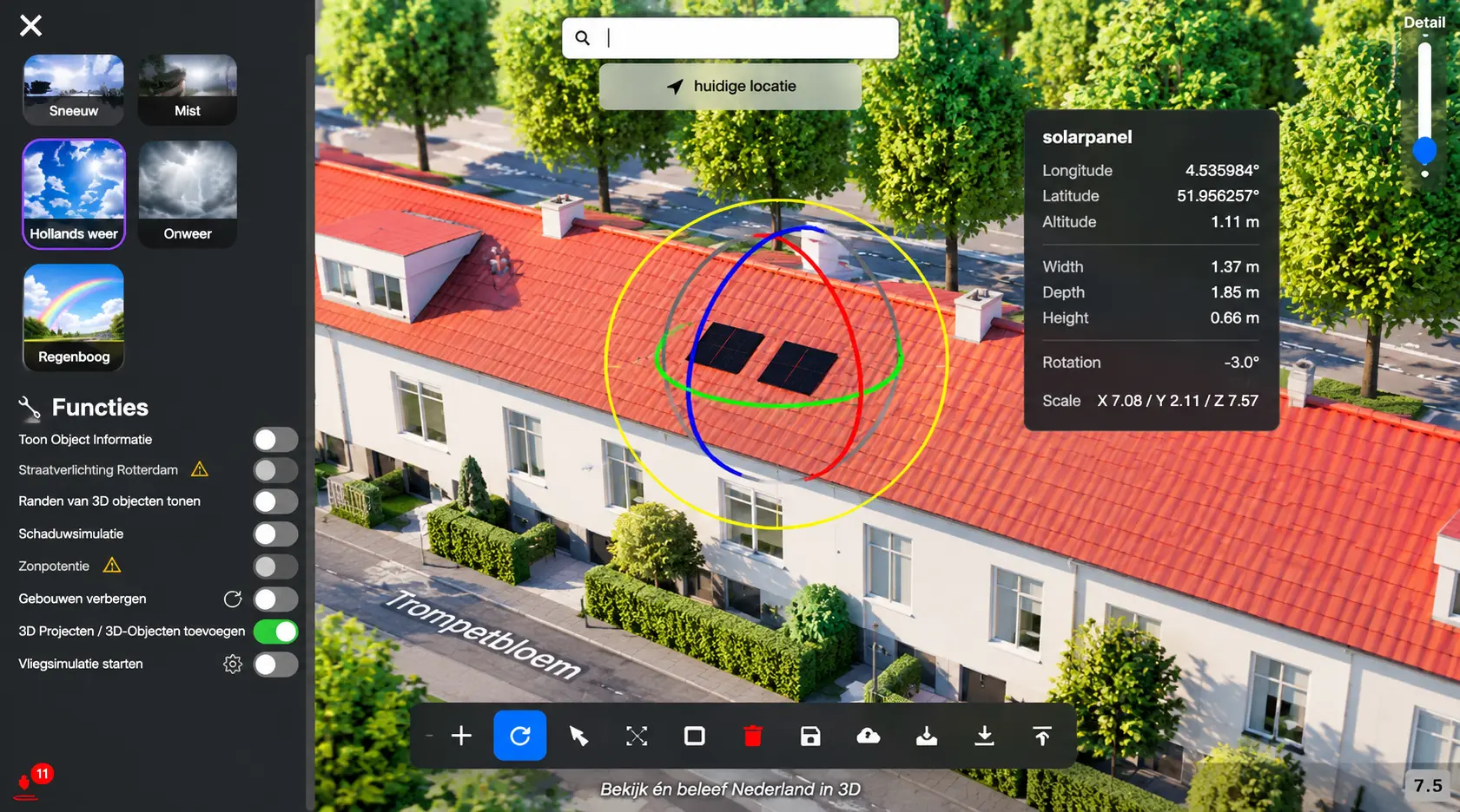 3D-weergave van zonnepanelen en zonpotentie op gebouwen in 3DCityTour